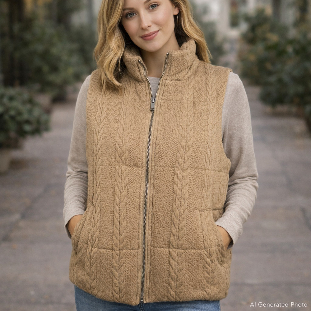 Hem & Thread Cable Knit Puffer Vest Tan Sweater Zip Front Large Pockets NWT